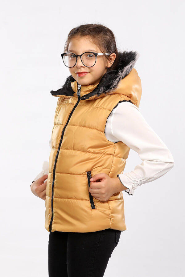 Kids Fur Hooded Puffer Vest (Mustard) - 5