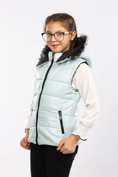 Kids Fur Hooded Puffer Vest (Turquoise) - 1