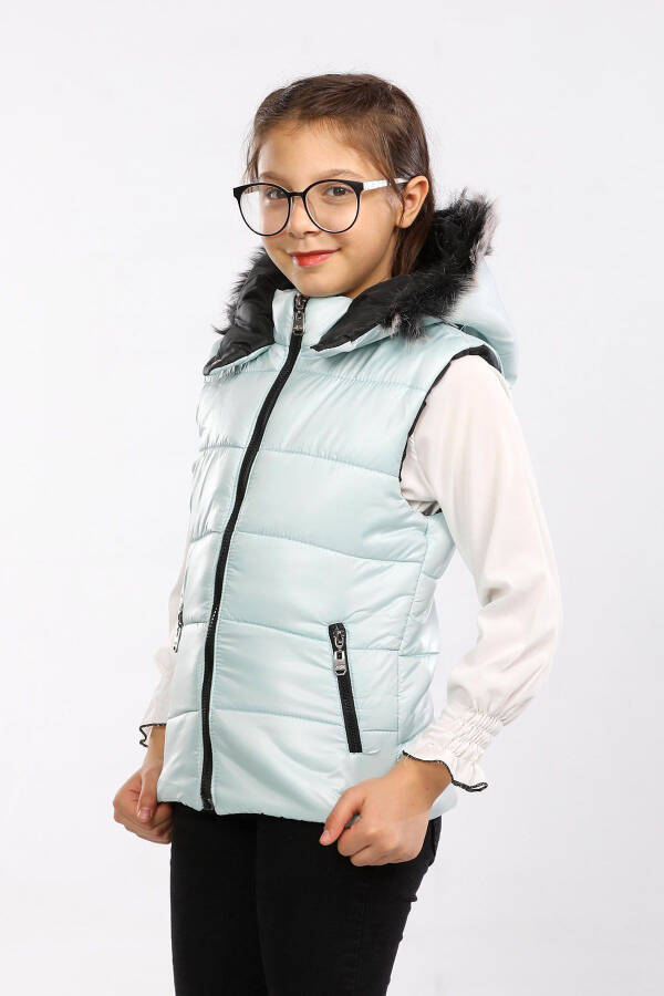 Kids Fur Hooded Puffer Vest (Turquoise) - 1