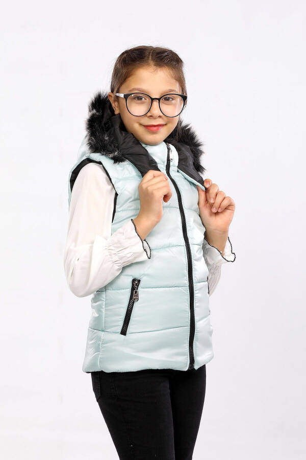 Kids Fur Hooded Puffer Vest (Turquoise) - 2