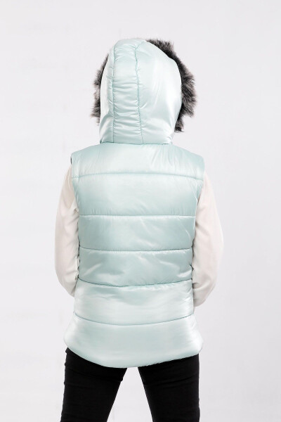 Kids Fur Hooded Puffer Vest (Turquoise) - 3