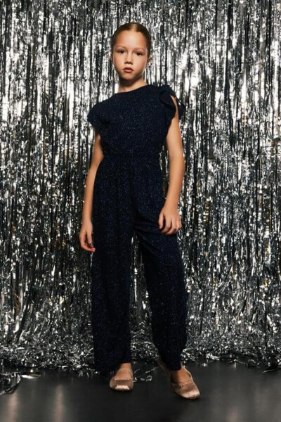 (Kids Girl) Backless Sequin Navy Jumpsuit - 5