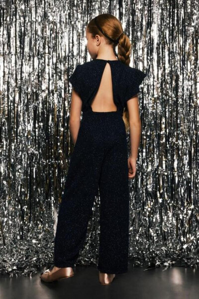 (Kids Girl) Backless Sequin Navy Jumpsuit - 7