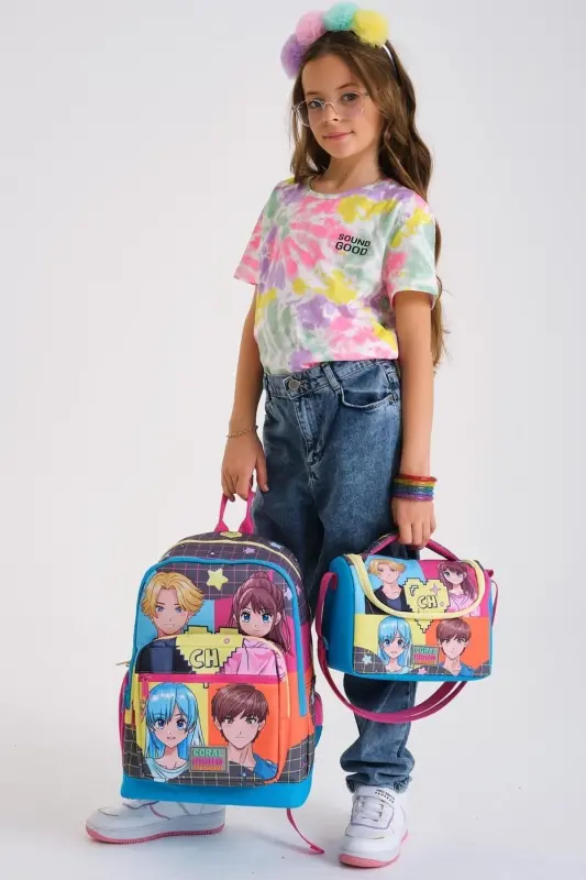 Kids Gray Blue Pink Anime Patterned 3-Piece School Bag Set SET0123737-Gray Blue - 2