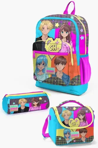 Kids Gray Blue Pink Anime Patterned 3-Piece School Bag Set SET0123737-Gray Blue - 1
