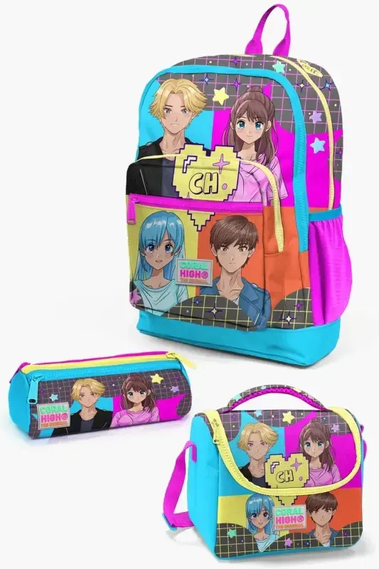 Kids Gray Blue Pink Anime Patterned 3-Piece School Bag Set SET0123737-Gray Blue - 1