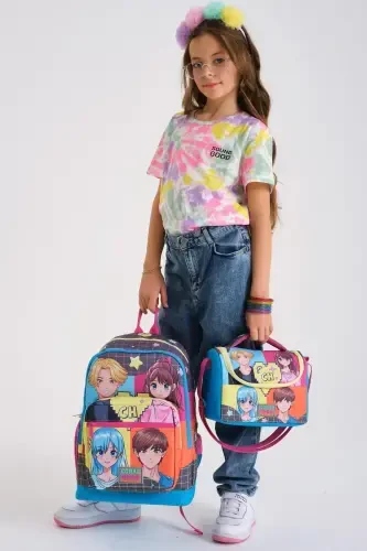 Kids Gray Blue Pink Anime Patterned 3-Piece School Bag Set SET0123737-Gray Blue - Modazone (1)