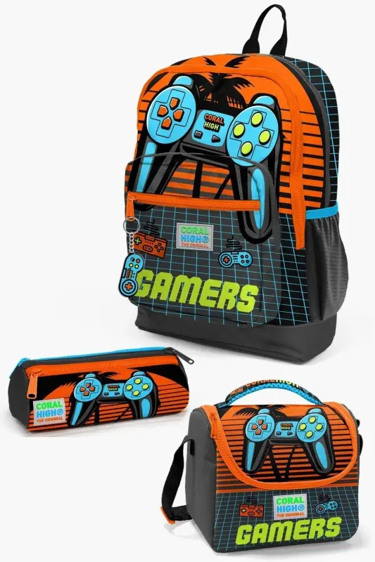 Kids Gray Orange Gamer Patterned 3-Piece School Bag Set SET0123746-Gray Orange - CORAL HIGH