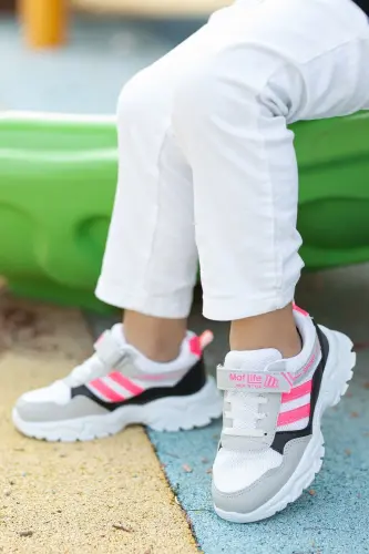Kids Grey Black 2 Straps Velcro Flexible Lightweight Breathable Unisex Mesh Sneaker-Grey - 1