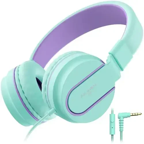 Kids Headphones, AILIHEN I35 On-Ear Headphones for School, 93dB HD Mic Stereo Headphone for Kid Girls Children, Foldable Wired 3.5mm for Chromebook, Laptop, Computer, Tablet (Green Purple) - 6