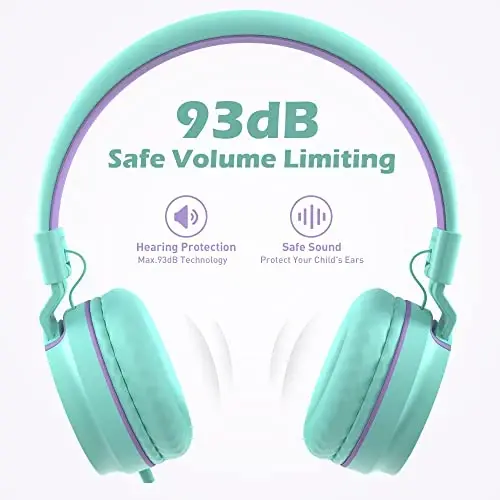 Kids Headphones, AILIHEN I35 On-Ear Headphones for School, 93dB HD Mic Stereo Headphone for Kid Girls Children, Foldable Wired 3.5mm for Chromebook, Laptop, Computer, Tablet (Green Purple) - 4
