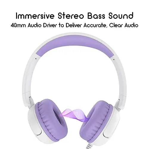 Kids Headphones, Wired Stereo Foldable Tangle-Free 3.5mm Adjustable On-Ear Headphones for Kids for School/Toddlers/Childrens/Teens/Boys/Girls/Ipad/Tablet/Kindle/Phones/Travel/Plane (White Purple) - 3