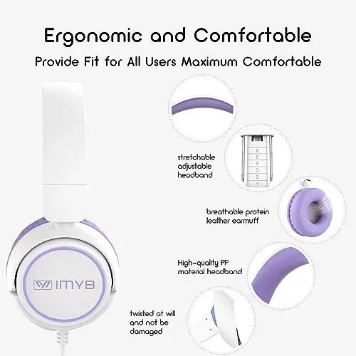 Kids Headphones, Wired Stereo Foldable Tangle-Free 3.5mm Adjustable On-Ear Headphones for Kids for School/Toddlers/Childrens/Teens/Boys/Girls/Ipad/Tablet/Kindle/Phones/Travel/Plane (White Purple) - 6