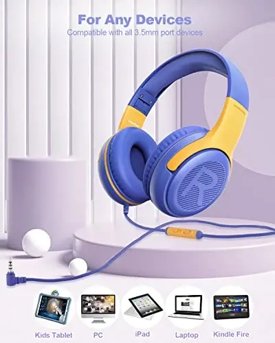 Kids Headphones Wired with Microphone for ipad Computer Laptop for Boys Girls Volume Limit Foldable Over Ear Headset for School 3.5mm Jack - 5