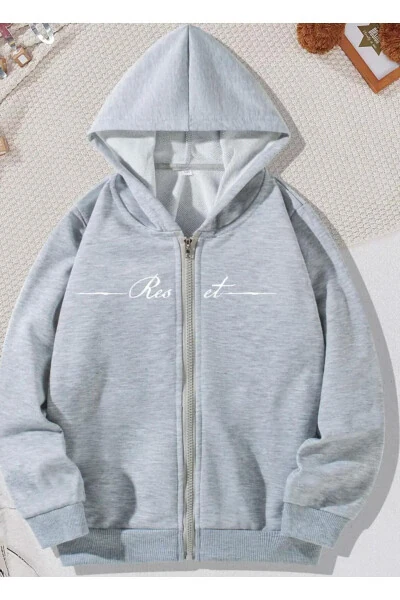 Kids Hooded Boys-Girls Printed Grey Zippered Jacket - BAXIA