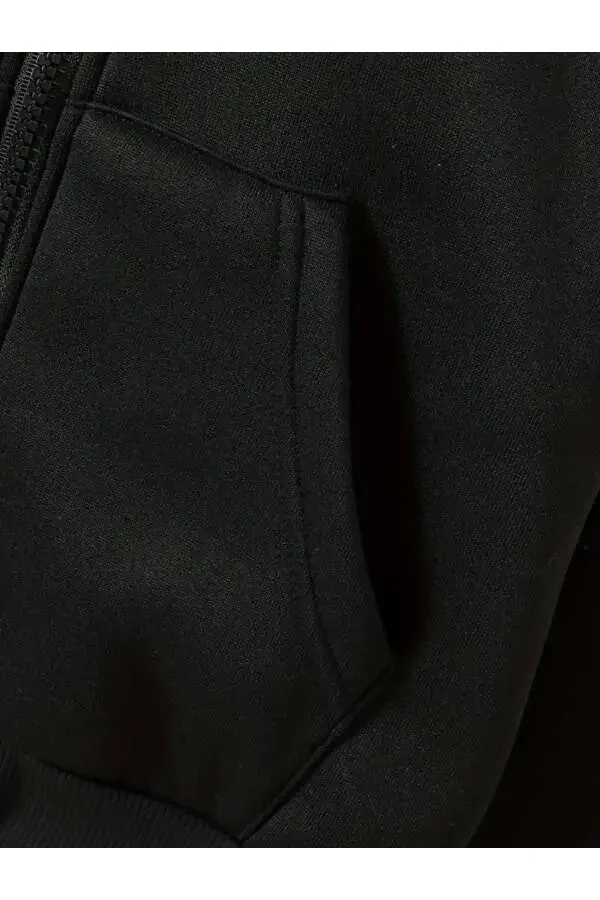 Kids Hooded Unisex Printed Black Grey Zippered Jacket - 9