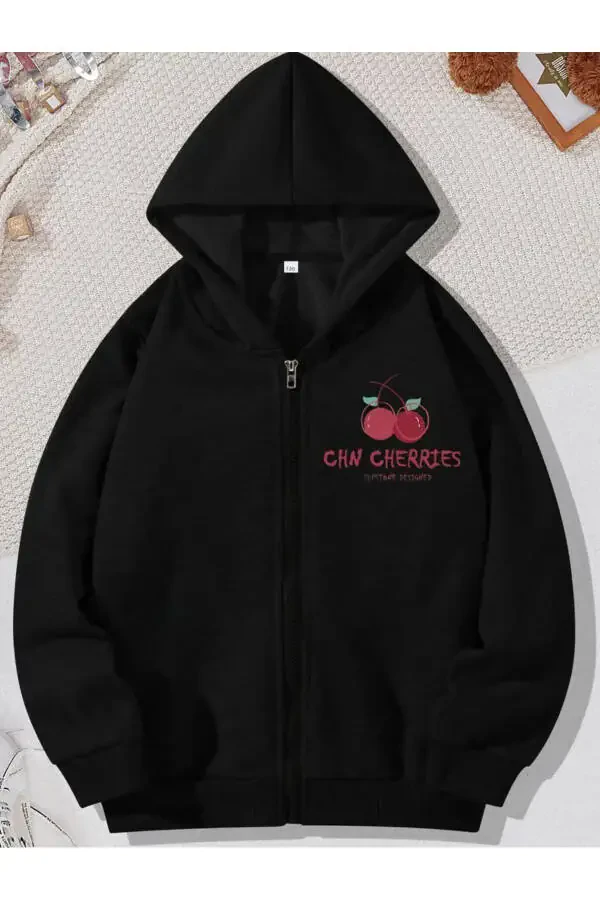 Kids Hooded Unisex Printed Black Grey Zippered Jacket - 1