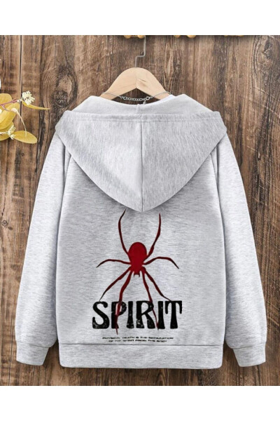 Kids Hooded Unisex Spirit Spider Print GRAY Zippered Sweatshirt - 1