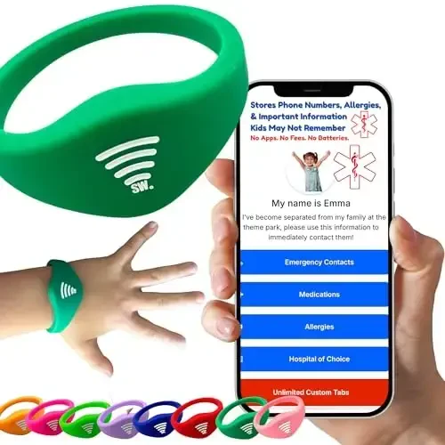 Kids ID Bracelet – Fitted NFC Safety Wristband, Slip-On Child ID Band for Emergency Contact Info, Waterproof Silicone, Not GPS, Wear on Wrist or Ankle, Ideal for Theme Parks, Travel & Beaches 