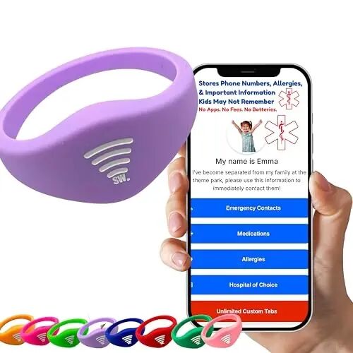 Kids ID Bracelet, Fitted NFC Safety Wristband, Waterproof Slip-On ID Band | Waterproof silicone; not GPS; wrist or ankle wear; ideal for theme parks, travel & beaches; slip-on fit - Sharewear (1)