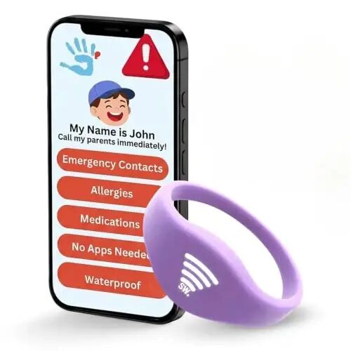 Kids ID Bracelet, Fitted NFC Safety Wristband, Waterproof Slip-On ID Band | Waterproof silicone; not GPS; wrist or ankle wear; ideal for theme parks, travel & beaches; slip-on fit - Sharewear