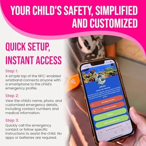 Kids ID Bracelet, Fitted NFC Safety Wristband, Waterproof Slip-On ID Band | Waterproof silicone; not GPS; wrist or ankle wear; ideal for theme parks, travel & beaches; slip-on fit - 3