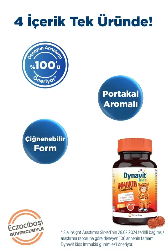 Kids İmmukid Gummies 60 Count Orange Flavored Chewable - DYNAVIT