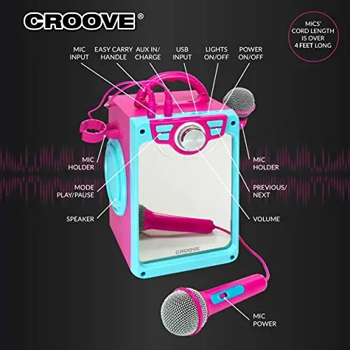 Kids Karaoke Machine for Girls - Pink Portable Karaoke Speaker System Set with 2 Microphones Gift for Girl - Bluetooth/AUX/USB, Karaoke & Microphone Best Birthday Gifts for Girls Ages 8 9+ Years Old - 3