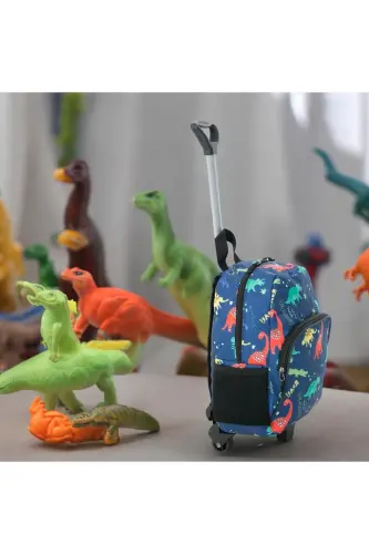 Kids Kindergarten Nursery Wheeled Bag 2 Compartment with Water Bottle Pocket Backpack Daily Use Printed Preschool Bag-Blue Dinosaur - SHOPIOLOG (1)
