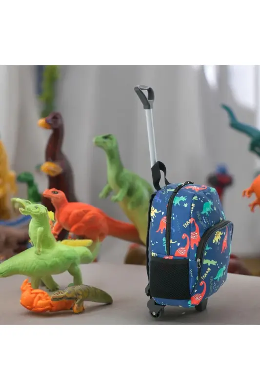 Kids Kindergarten Nursery Wheeled Bag 2 Compartment with Water Bottle Pocket Backpack Daily Use Printed Preschool Bag-Blue Dinosaur - 2