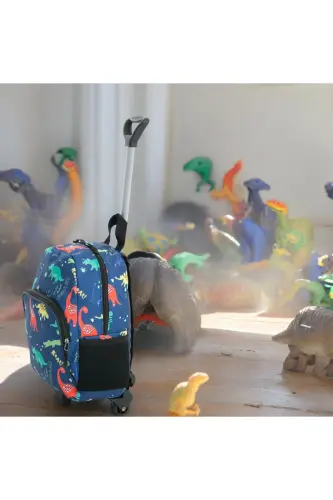 Kids Kindergarten Nursery Wheeled Bag 2 Compartment with Water Bottle Pocket Backpack Daily Use Printed Preschool Bag-Blue Dinosaur - 3
