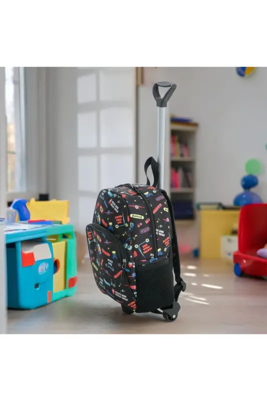 Kids Kindergarten Nursery Wheeled Bag 2 Compartments with Water Bottle Backpack Daily Use Printed Preschool Bag-Black Scooter - 4
