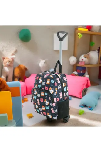 Kids Kindergarten Nursery Wheeled Bag 2 Compartments with Water Bottle Pocket Backpack Daily Use Printed Preschool Bag-Black Cats 