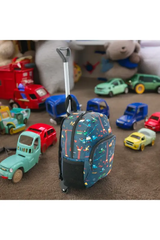Kids Kindergarten Nursery Wheeled Bag 2 Compartments with Water Bottle Pocket Backpack Daily Use Printed Preschool Bag-Construction Equipment - 1