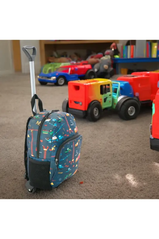 Kids Kindergarten Nursery Wheeled Bag 2 Compartments with Water Bottle Pocket Backpack Daily Use Printed Preschool Bag-Construction Equipment - 3