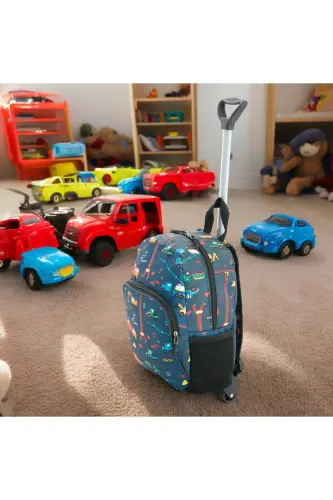 Kids Kindergarten Nursery Wheeled Bag 2 Compartments with Water Bottle Pocket Backpack Daily Use Printed Preschool Bag-Construction Equipment - 4