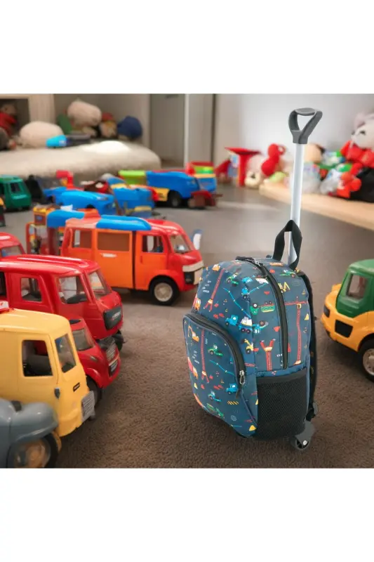 Kids Kindergarten Nursery Wheeled Bag 2 Compartments with Water Bottle Pocket Backpack Daily Use Printed Preschool Bag-Construction Equipment - 6