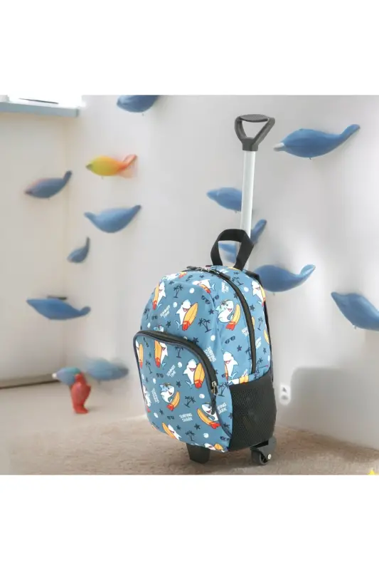 Kids Kindergarten Nursery Wheeled Bag 2 Compartments with Water Bottle Pocket Daily Use Printed Preschool Bag-Blue Dolphin - 1