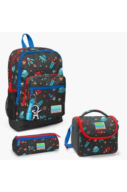 Kids Koyu Gri Kırmızı Uzay Desenli 3’lü Okul Çanta Seti SET0123469 - Koyu Gri - CORAL HIGH