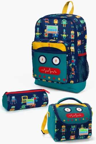 Kids Lacivert Chivit Robot Desenli 3’lü Maktab Sumkasi To‘plami SET0123472-Lacivert Chivit Robot 