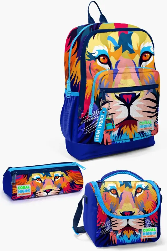 Kids Lacivert Saks Arslon Desenli 3’lü Maktab Sumkasi Seti SET0123741-Lacivert Saks - CORAL HIGH