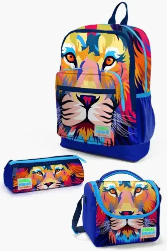 Kids Lacivert Saks Arslon Desenli 3’lü Maktab Sumkasi Seti SET0123741-Lacivert Saks - 1