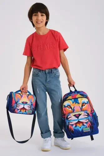 Kids Lacivert Saks Arslon Desenli 3’lü Maktab Sumkasi Seti SET0123741-Lacivert Saks - Modazone (1)