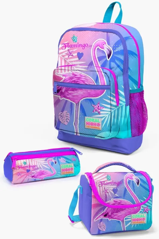 Kids Лаванда Розовый Фламинго Узорный 3'lü Школьный Рюкзак SET0123705-Лаванда Фламинго - CORAL HIGH