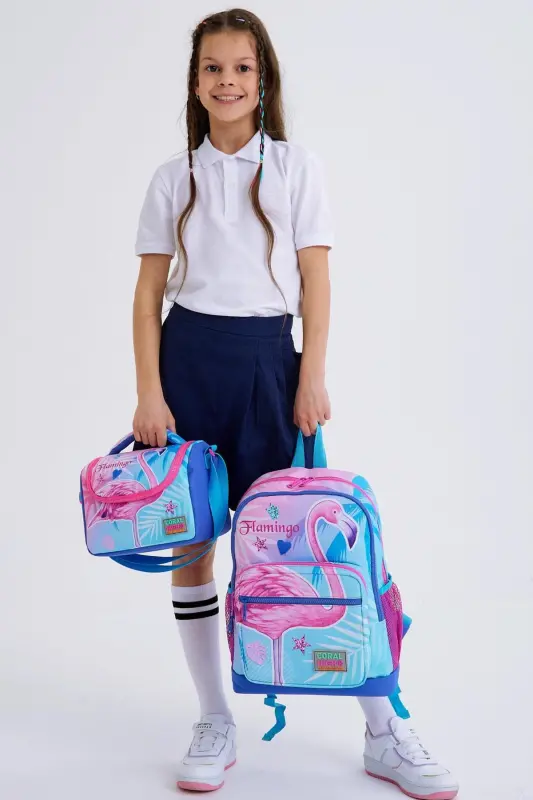 Kids Лаванда Розовый Фламинго Узорный 3'lü Школьный Рюкзак SET0123705-Лаванда Фламинго - 4