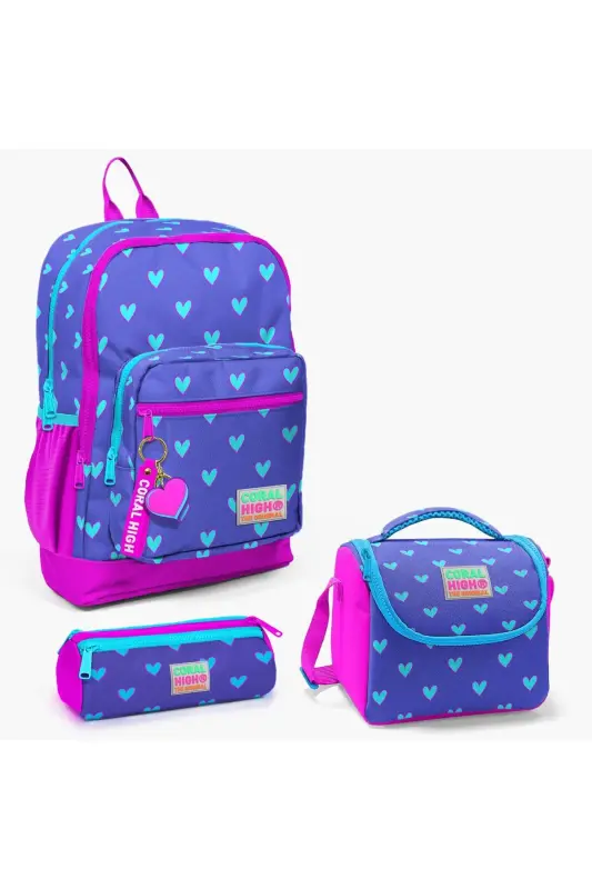 Kids Лаванда Розовый Сердечный Узор 3-Шт Школьный Рюкзак SET0123706-Сердечный Узор - CORAL HIGH
