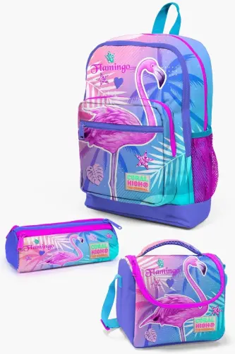 Kids Lavanta Pembe Flamingo Desenli 3’lü Okul Çanta Seti SET0123705-Lavanta Flamingo 