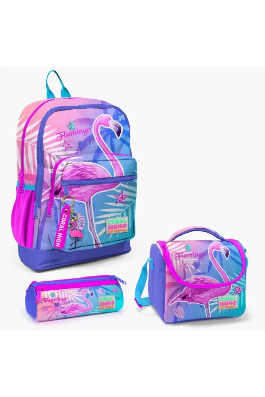 Kids Lavanta Pushti Flamingo naqshli 3 qismli maktab sumkasi to‘plami SET0123705-Lavanta Flamingo - 1