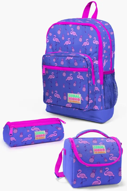 Kids Lavanta Pushti Flamingo Naqshli 3’li Maktab Sumkasi To’plami SET0123112-Pushti Lavanta Flamingo - 1
