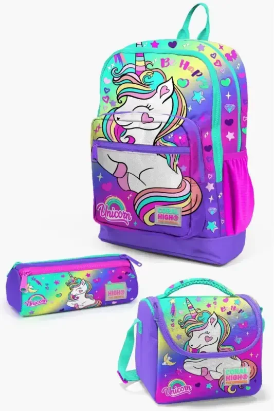 Kids Lavanta Su Yasili Unicorn Naqshli 3’li Maktab Sumkasi Seti SET0123729-Lavanta Oq - CORAL HIGH